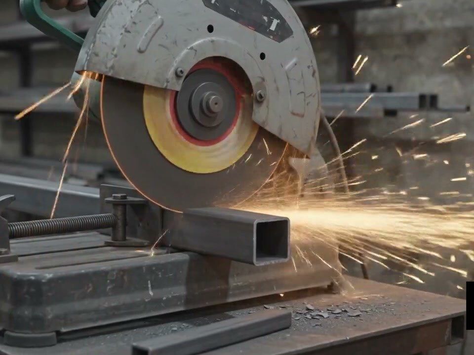 Corte de perfil tubular con disco abrasivo en el taller de Yazahe Herrería